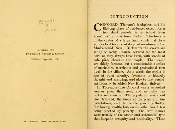 Copywrite page for the Library of Congress Edition of Walden